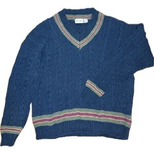 American Vintage Men's Blue and Navy V-Neck Cable Knit Cardigan Sweater Sz XL